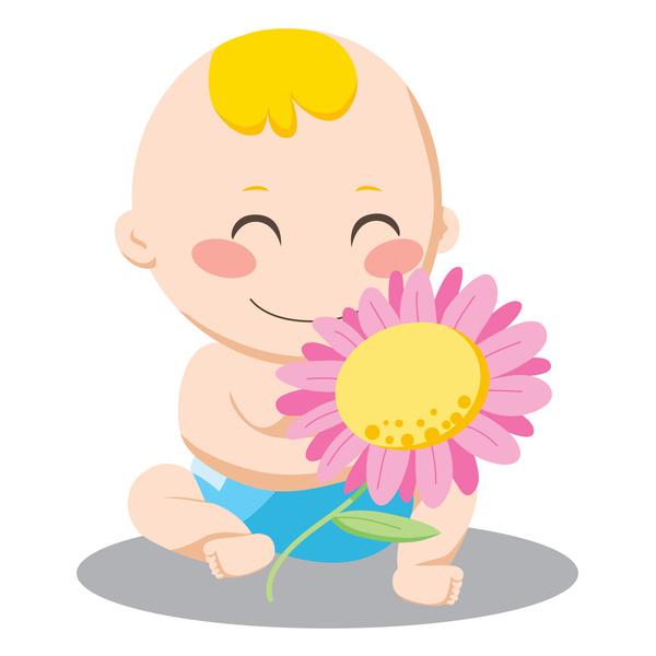 笑顔で花を持っている赤ちゃん